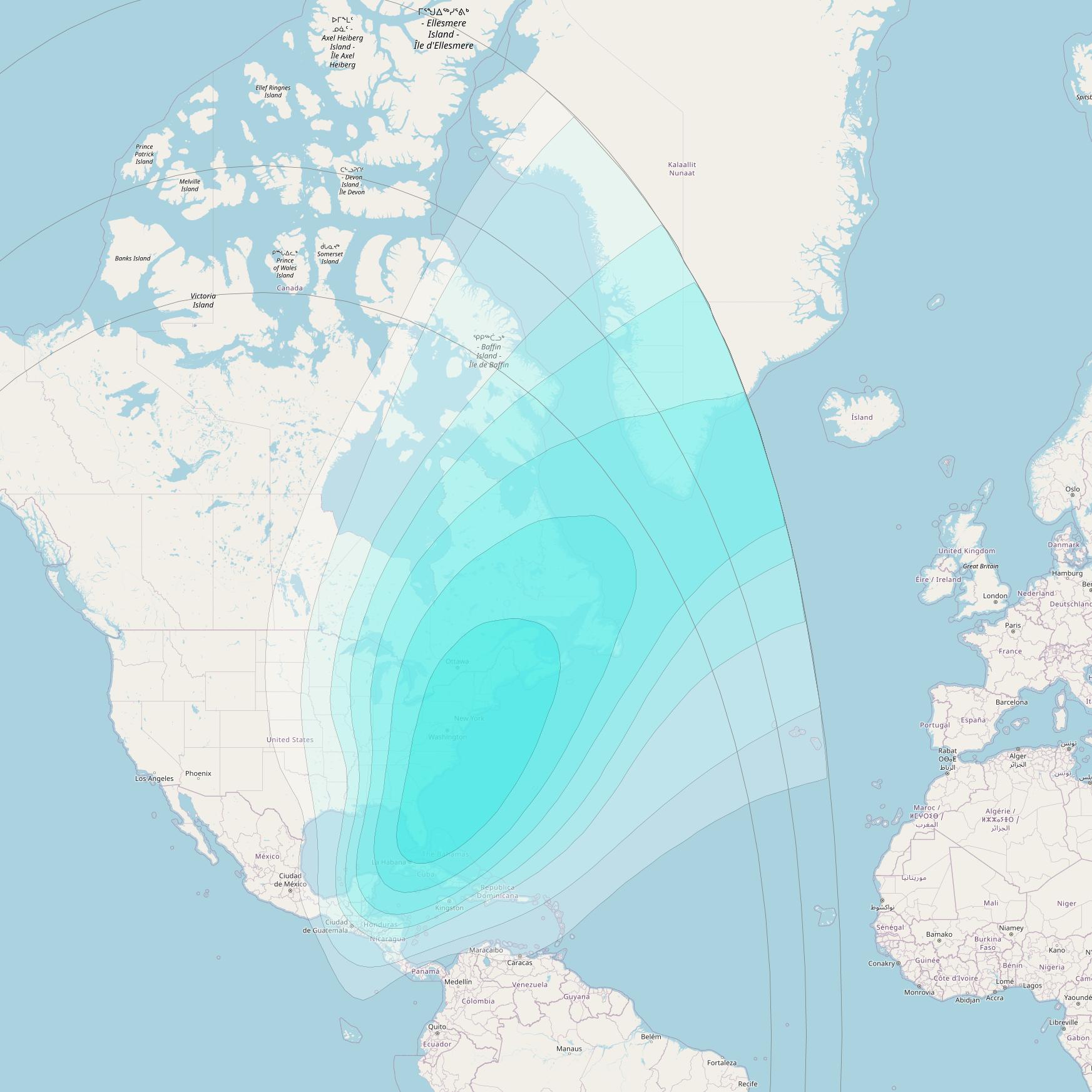 AMSC 1 at 107° W downlink L-band LE2 beam coverage map