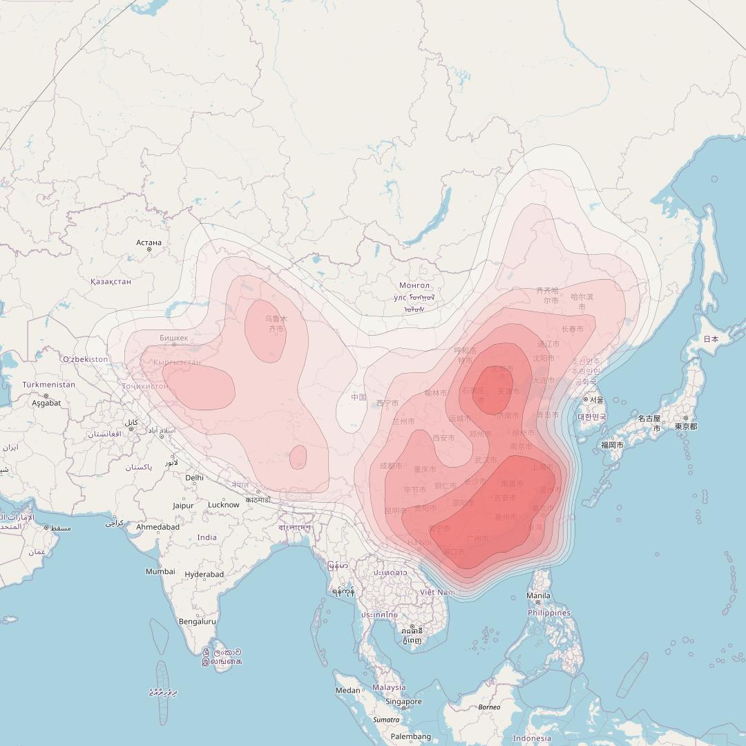 Asiasat 8 at 105&deg; E downlink Ku-band China beam coverage map