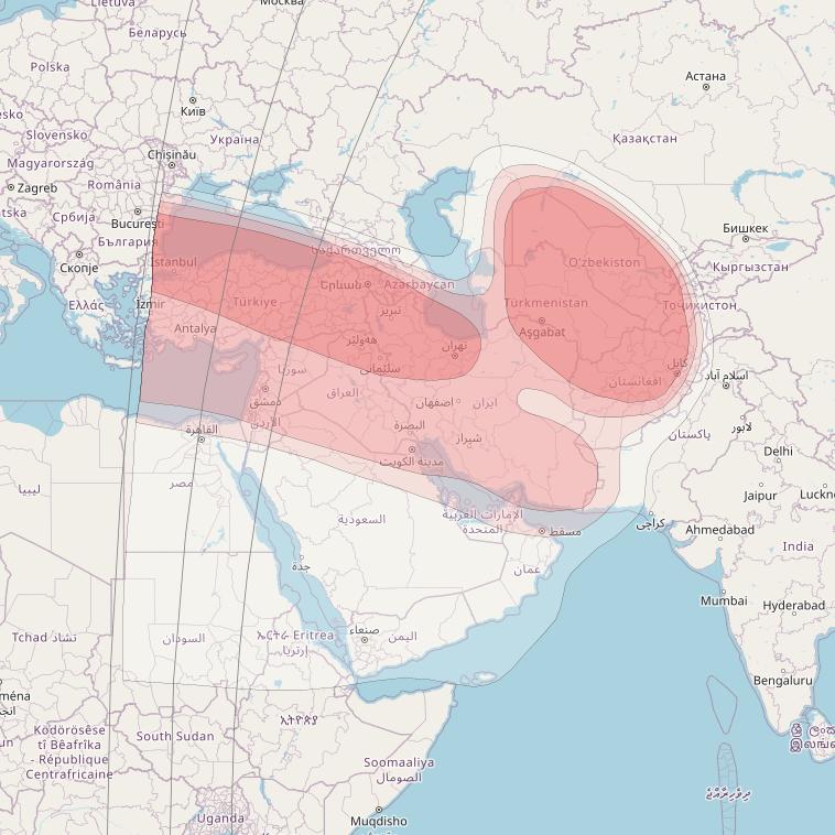 Asiasat 8 at 105&deg; E downlink Ku-band Middle East beam coverage map