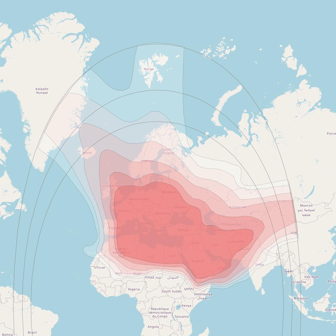 Eutelsat 21B at 21° E downlink Ku-band Wide beam coverage map