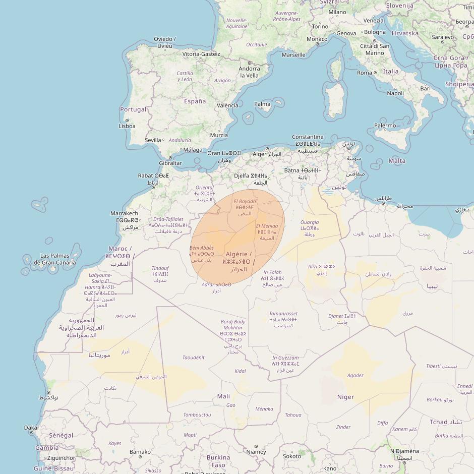 AlComSat 1 at 25° W downlink Ka-band S05 Spot beam coverage map