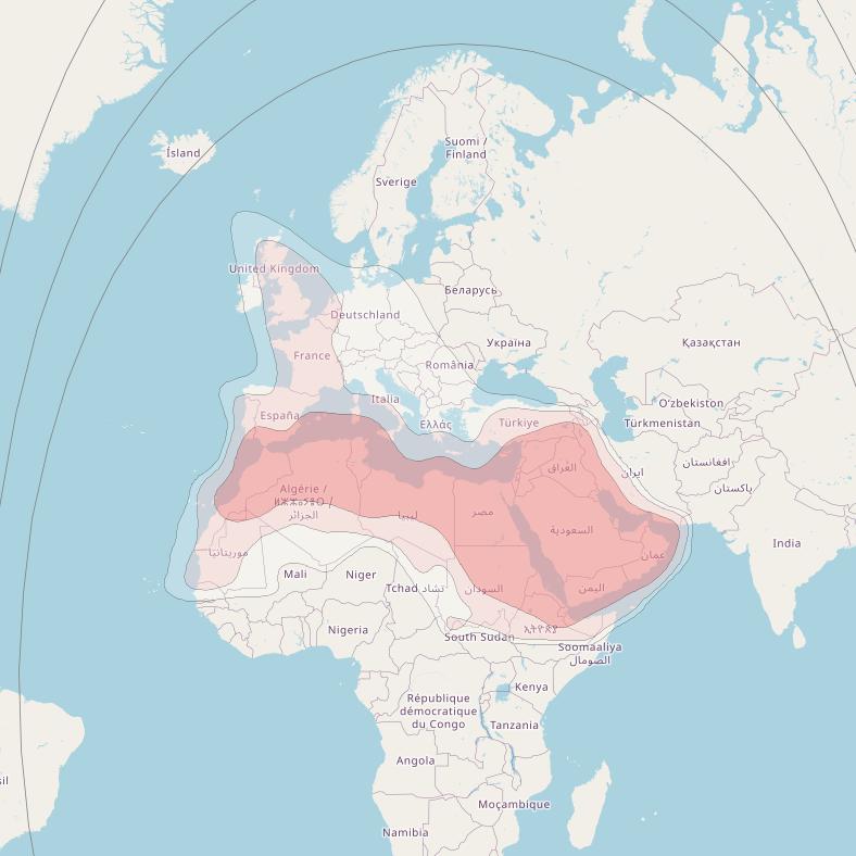 BADR 8 at 26&deg; E downlink Ku-band FSS Europe/MENA beam coverage map