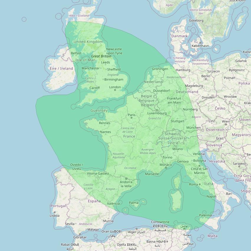 HellasSat 3 at 39&deg; E downlink S-band Spot 3 beam coverage map