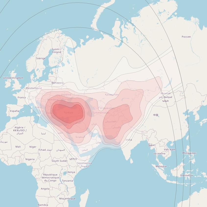 Turksat 4A at 42° E downlink Ku-band East BSS beam coverage map