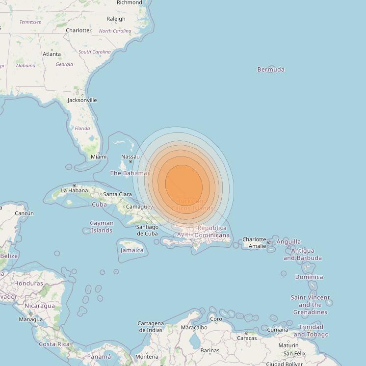 Telstar 19V at 63° W downlink Ka-band TX38 HTS Spot beam coverage map