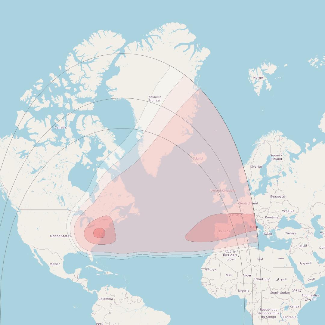 Telstar 19V at 63° W downlink Ku-band NAOR beam coverage map