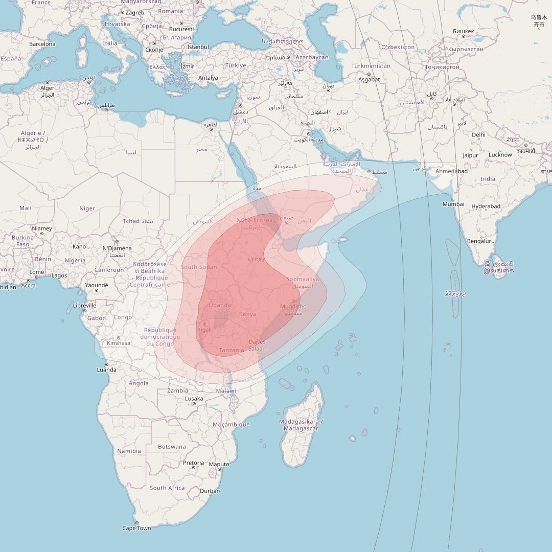 Nilesat 301 at 7° W downlink Ku-band Nile Basin beam coverage map